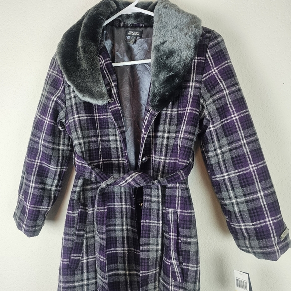 Kenneth Cole Reaction Plaid Coat with Faux Fur Collar Purple Gray Winter Warm - Picture 3 of 15